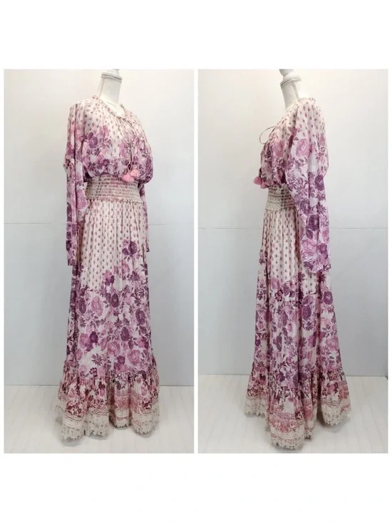 HEMANT & NANDITA Suki Maxi Dress Pink Floral Lace Boho Romantic Cottagecore S - Picture 8 of 13